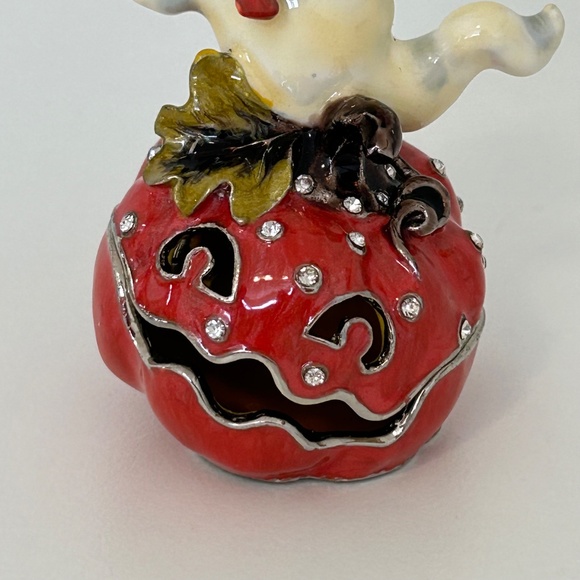 Spooky Metal Enameled Trinket Box Porcelain Ghost Crystals - Picture 6 of 8